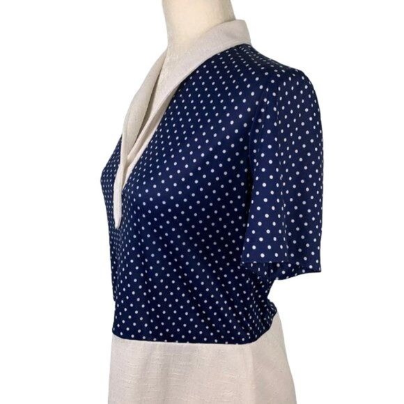 Vintage Polka Dot Linen Blend Dress M Blue White Zip V Neck Collar Rockabilly - Picture 5 of 7